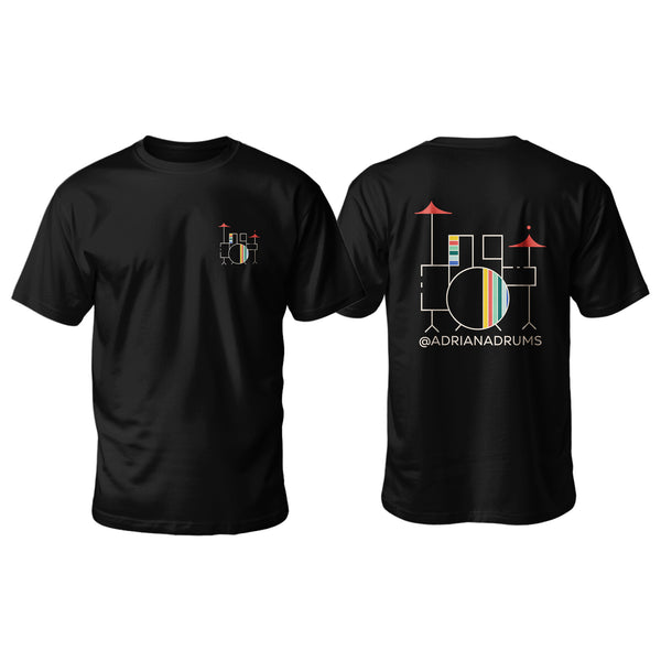 Black t-shirt with colorful drum set + @adrianadrums design on the front and text on the back.